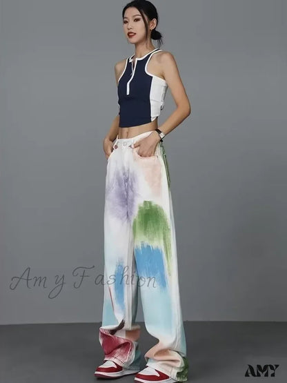 Amy Fashion - Personalized Graffiti High Waist Slim Hand-Painted Painted Trendy Loose Straight Wide