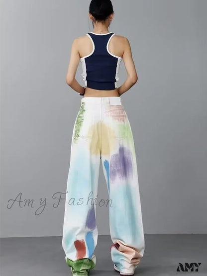 Amy Fashion - Personalized Graffiti High Waist Slim Hand-Painted Painted Trendy Loose Straight Wide