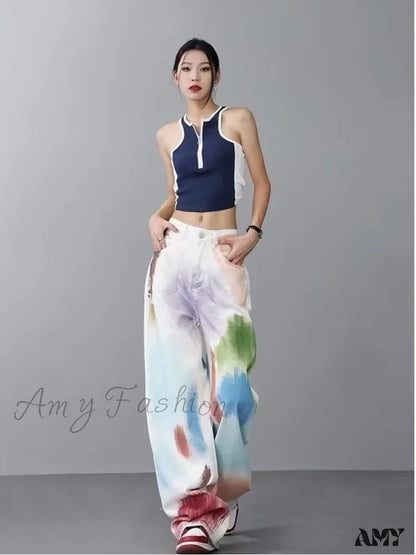 Amy Fashion - Personalized Graffiti High Waist Slim Hand-Painted Painted Trendy Loose Straight Wide