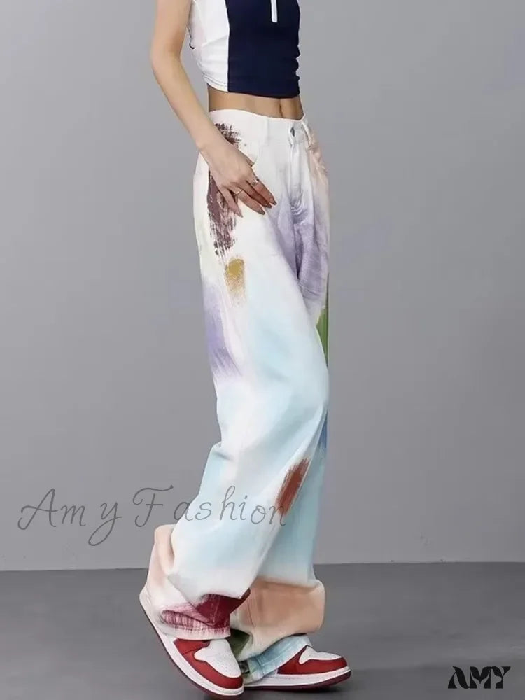 Amy Fashion - Personalized Graffiti High Waist Slim Hand-Painted Painted Trendy Loose Straight Wide