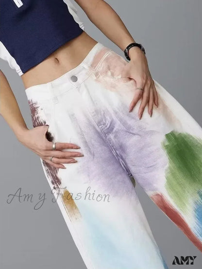 Amy Fashion - Personalized Graffiti High Waist Slim Hand-Painted Painted Trendy Loose Straight Wide