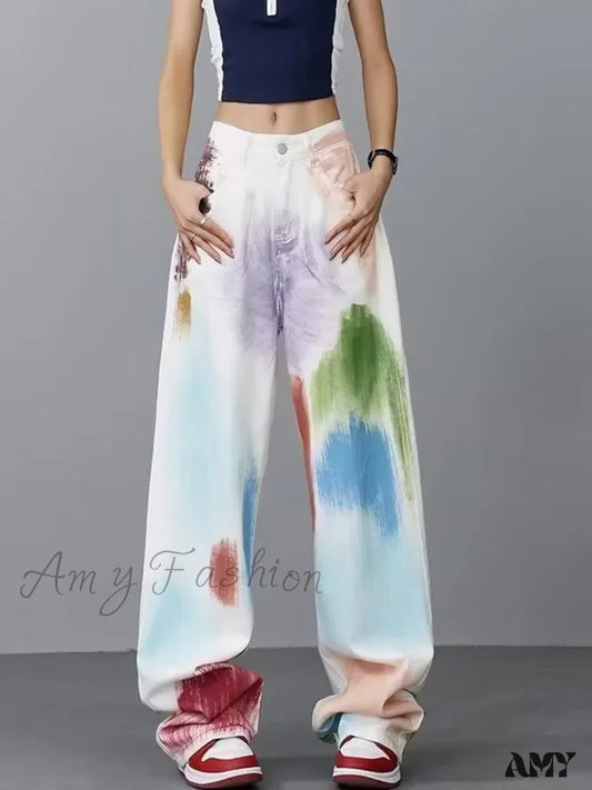 Amy Fashion - Personalized Graffiti High Waist Slim Hand-Painted Painted Trendy Loose Straight Wide