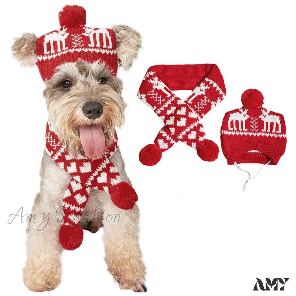 Amy Fashion - Pet Cat Dog Knitting Scarf Hat Set Double Deer Scarf Hat Set / S