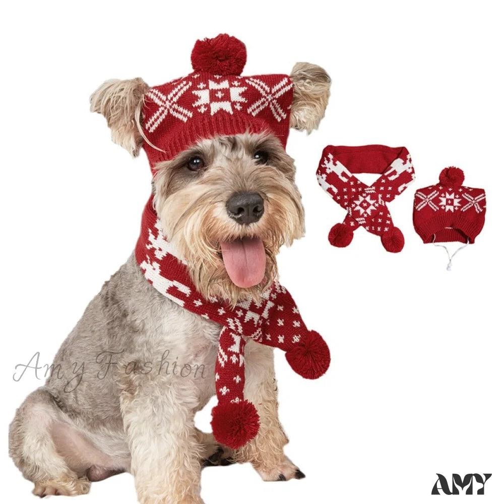 Amy Fashion - Pet Cat Dog Knitting Scarf Hat Set Snowflake Scarf Hat Set / S