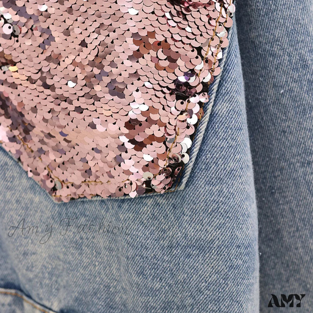 Amy Fashion - Pink Shiny Sequin Denim Jacket