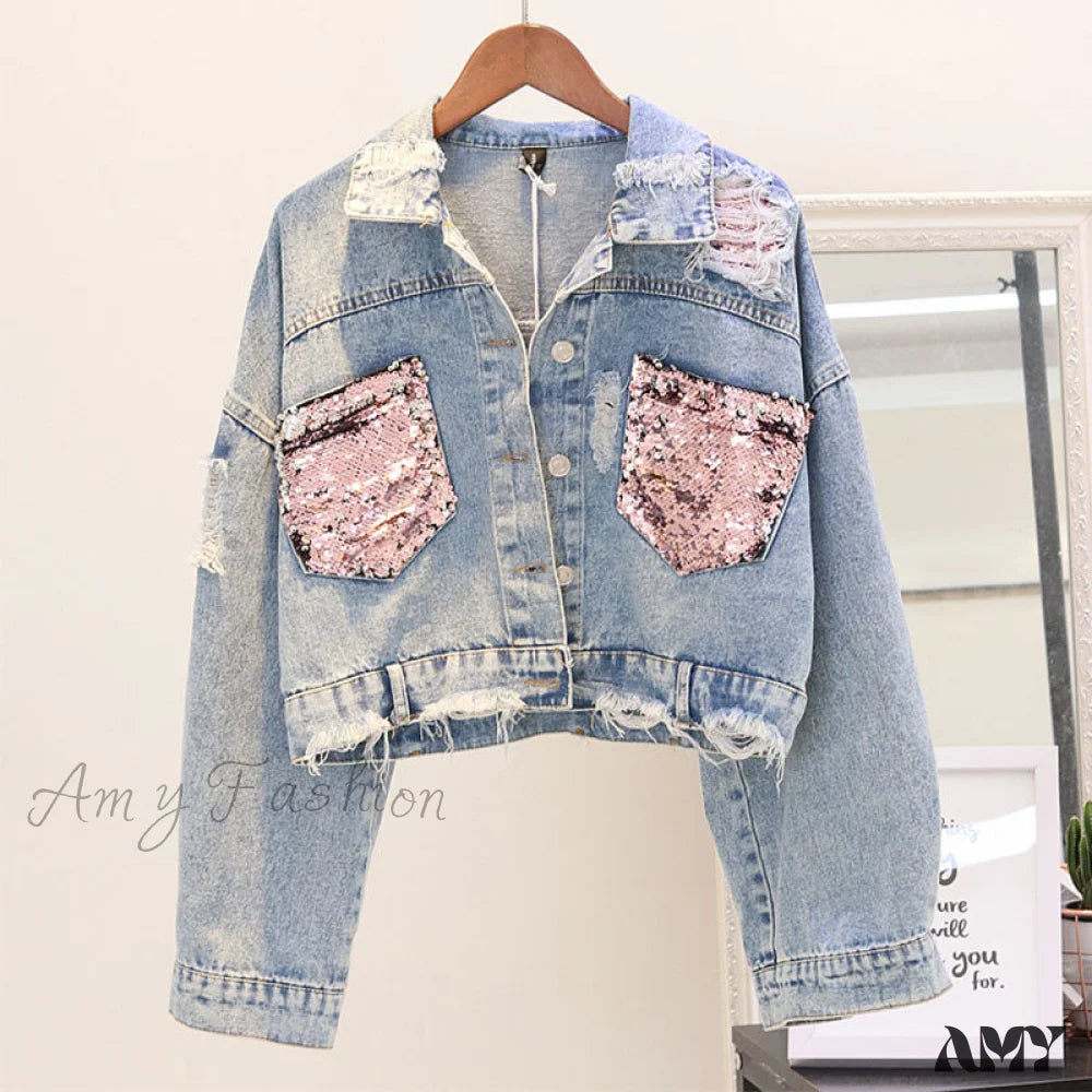 Amy Fashion - Pink Shiny Sequin Denim Jacket