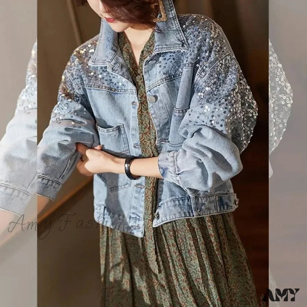 Amy Fashion - Pink Shiny Sequin Denim Jacket Blue / S