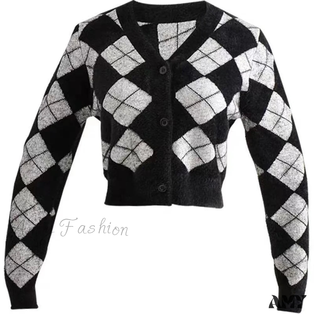 Amy Fashion - Plaid Black White Knitted Cardigan