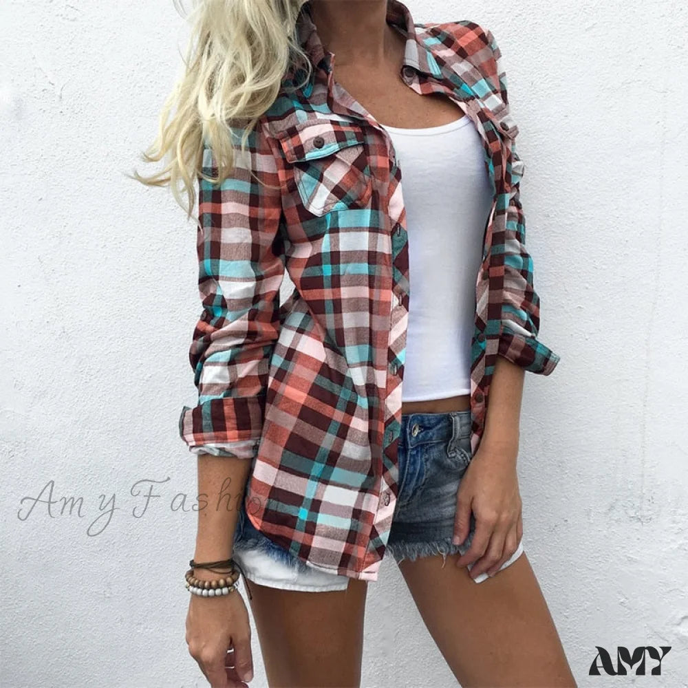 Amy Fashion - Plaid Pocket Turn-Down Collar Shirt