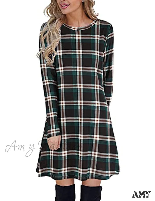 Amy Fashion - Plaid Swing Long Sleeve Round Neck Tunic Mini Dress Dark Green / Medium