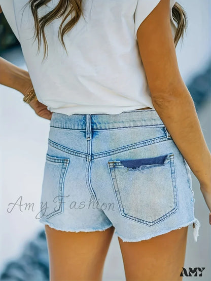 Amy Fashion - Plain Frayed Trim Denim Shorts Fringe Hem Slant Pockets Casual Short Jean