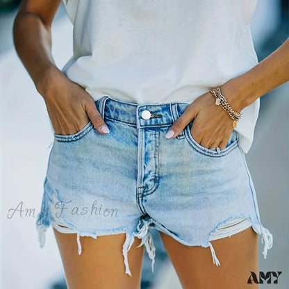 Amy Fashion - Plain Frayed Trim Denim Shorts Fringe Hem Slant Pockets Casual Short Jean Sky Blue /