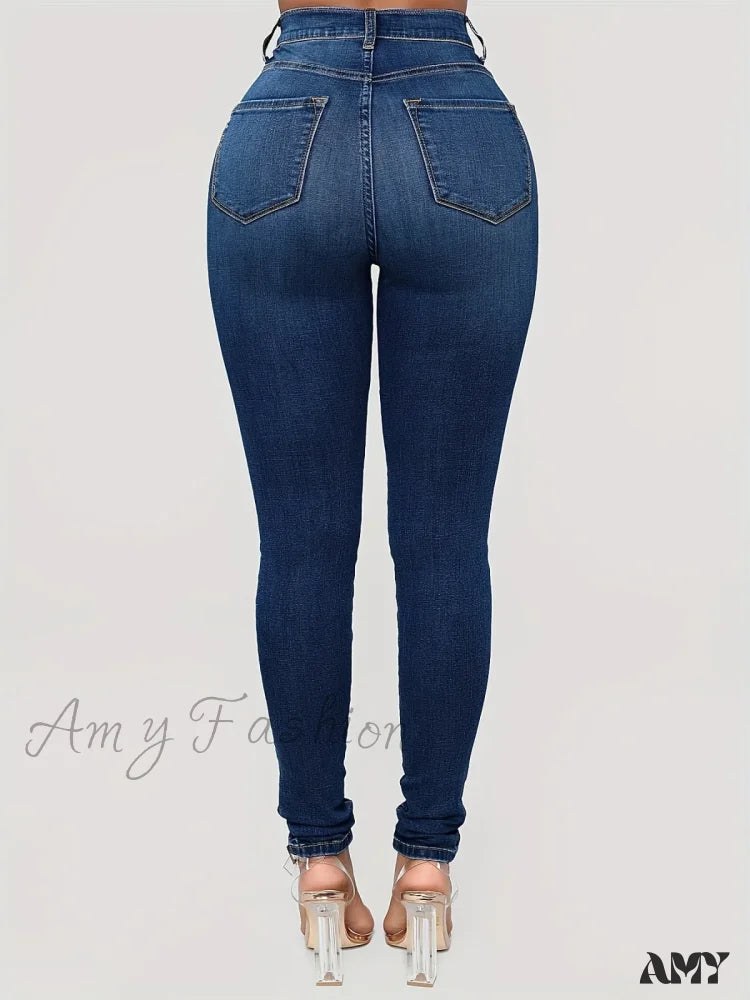 Amy Fashion - Plain High Waist Skinny Rise Slim Fit Slash Pockets Casual Denim Jean