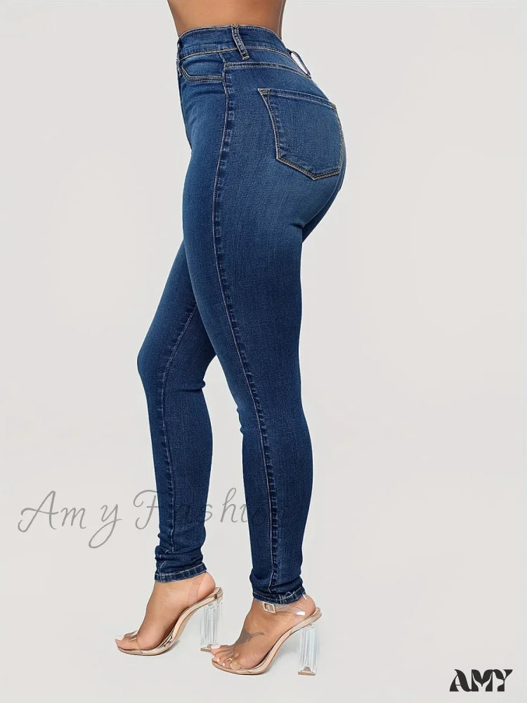 Amy Fashion - Plain High Waist Skinny Rise Slim Fit Slash Pockets Casual Denim Jean