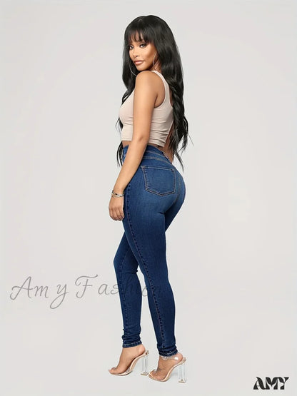 Amy Fashion - Plain High Waist Skinny Rise Slim Fit Slash Pockets Casual Denim Jean