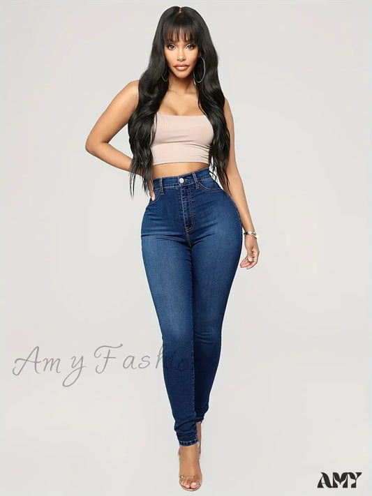 Amy Fashion - Plain High Waist Skinny Rise Slim Fit Slash Pockets Casual Denim Jean