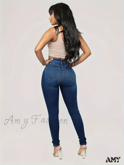 Amy Fashion - Plain High Waist Skinny Rise Slim Fit Slash Pockets Casual Denim Jean