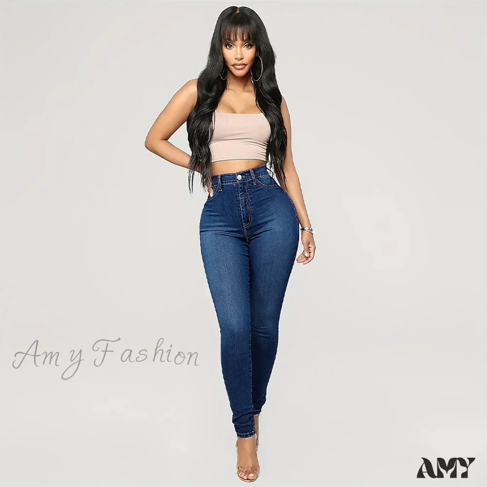 Amy Fashion - Plain High Waist Skinny Rise Slim Fit Slash Pockets Casual Denim Jean Blue / Xs