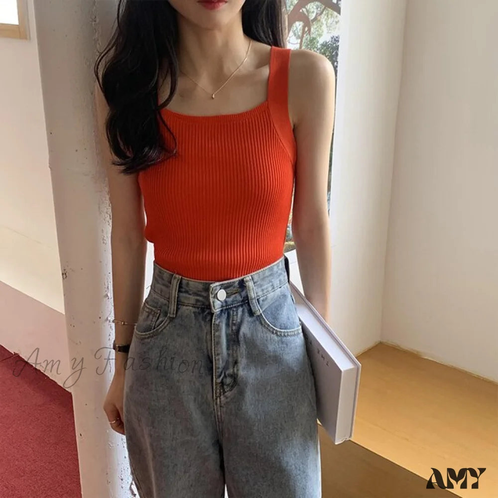 Amy Fashion - Plain Knitted Tank Tops Red / One Size