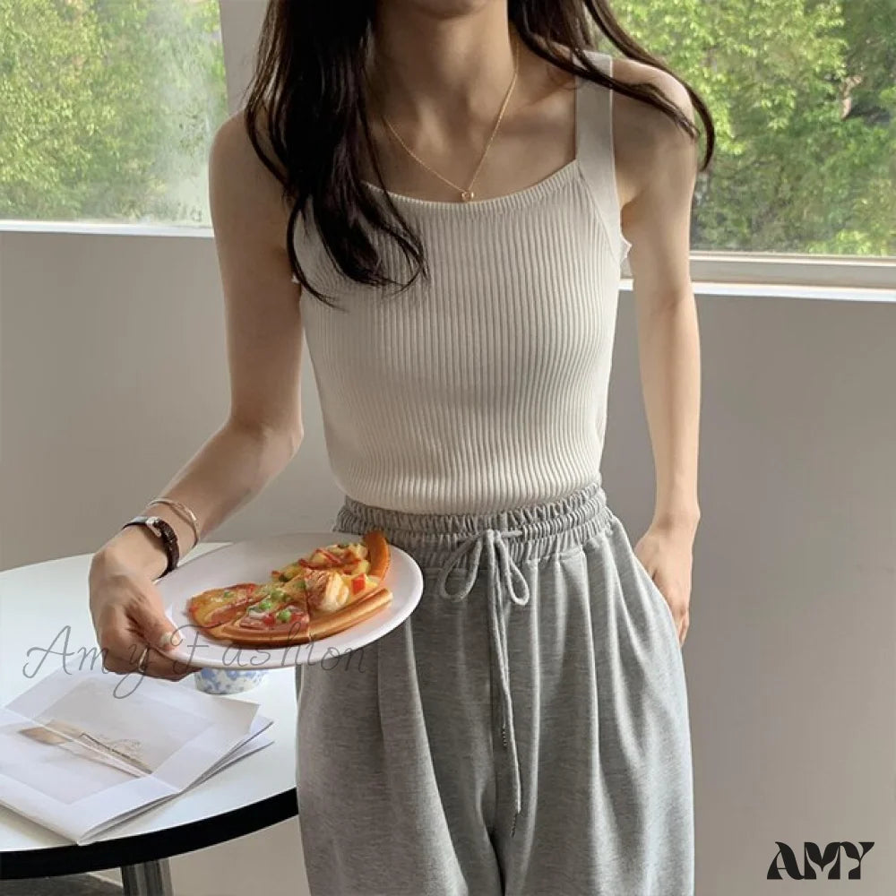 Amy Fashion - Plain Knitted Tank Tops White / One Size