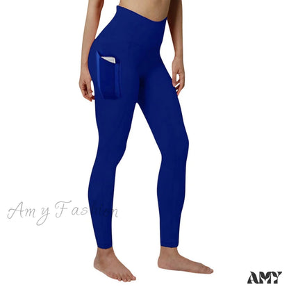 Amy Fashion - Pocket High Waist Push Up Sports Leggings Blue / S