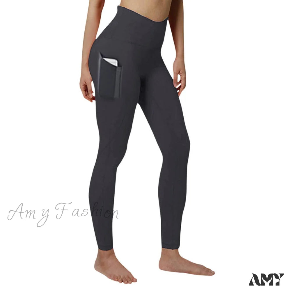 Amy Fashion - Pocket High Waist Push Up Sports Leggings Dark Gray / S