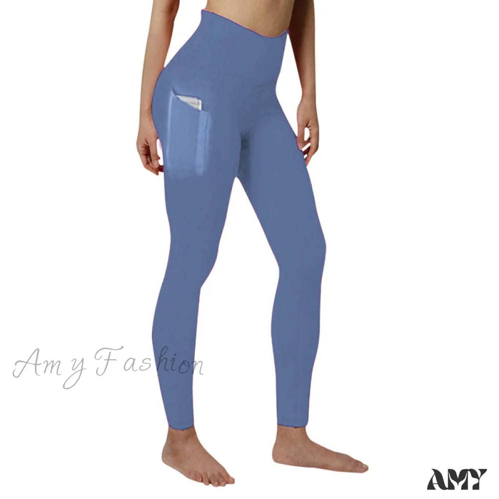 Amy Fashion - Pocket High Waist Push Up Sports Leggings Light Blue / S