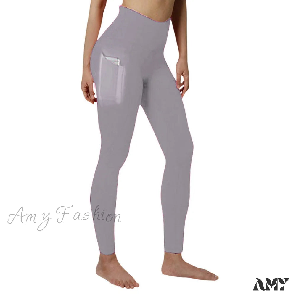 Amy Fashion - Pocket High Waist Push Up Sports Leggings Light Gray / S