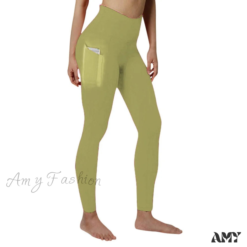 Amy Fashion - Pocket High Waist Push Up Sports Leggings Light Green / S