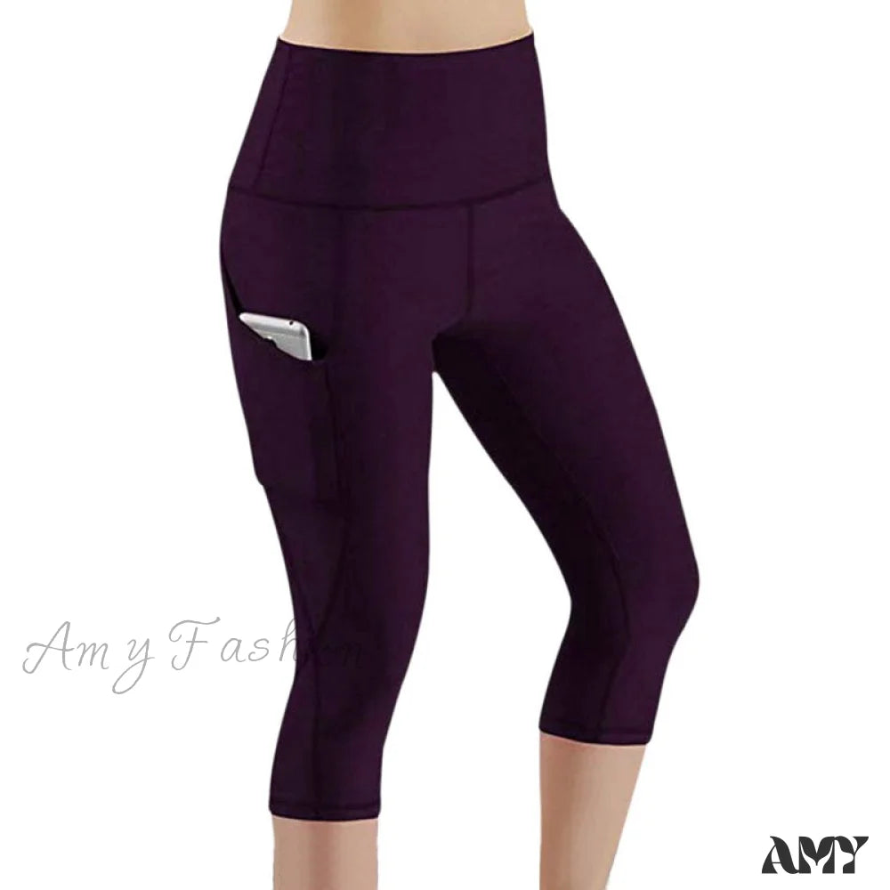 Amy Fashion - Pocket High Waist Push Up Sports Leggings Purple 01 / S