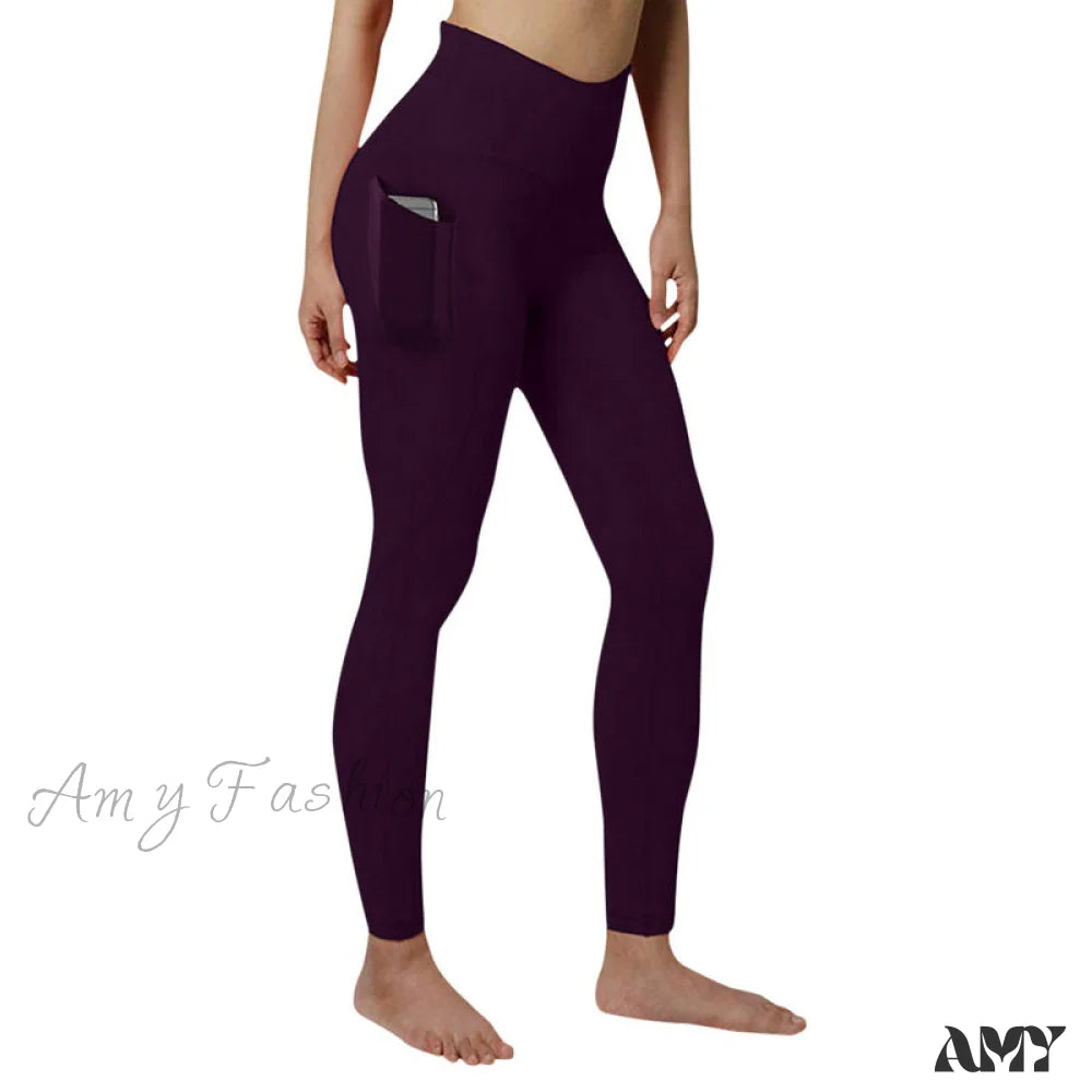 Amy Fashion - Pocket High Waist Push Up Sports Leggings Purple / S