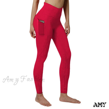 Amy Fashion - Pocket High Waist Push Up Sports Leggings Red / S