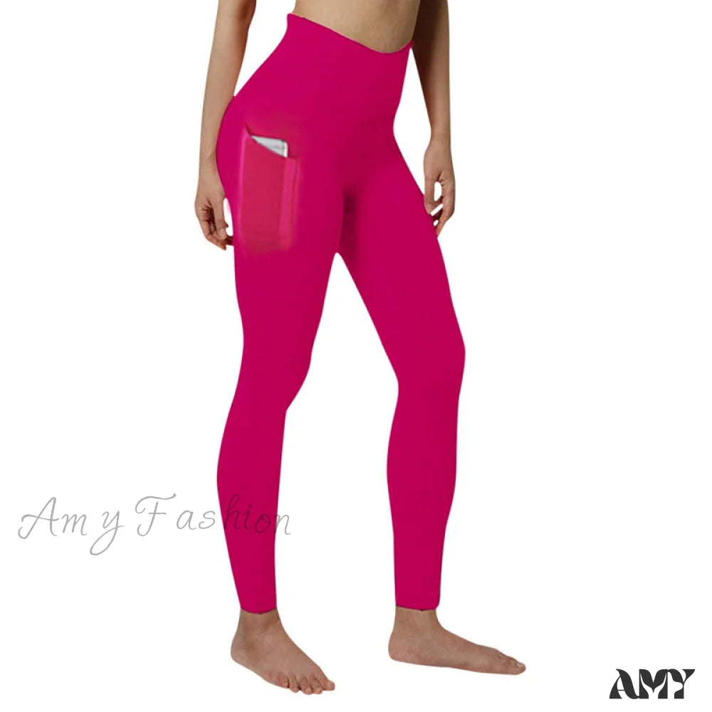 Amy Fashion - Pocket High Waist Push Up Sports Leggings Rose Red / S