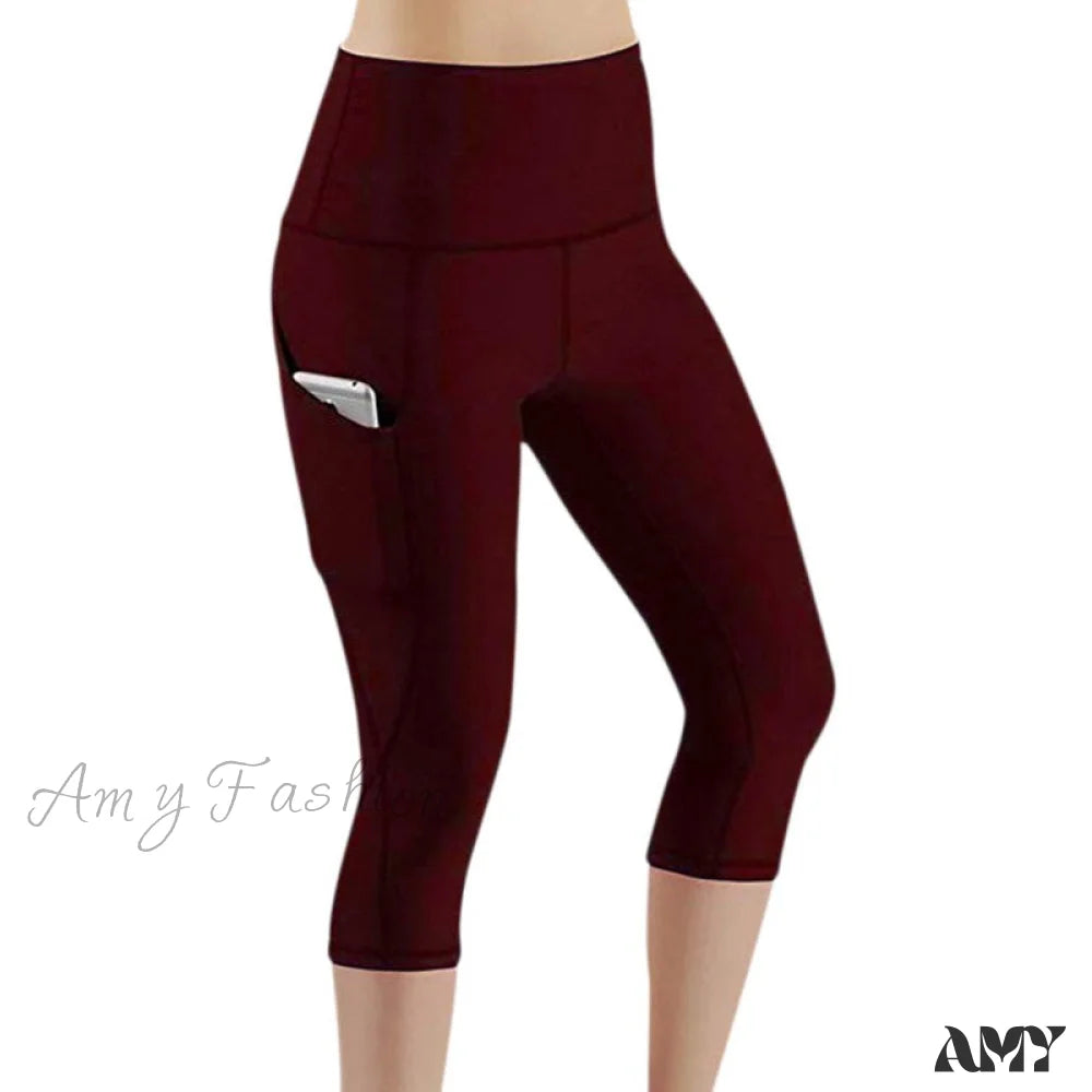 Amy Fashion - Pocket High Waist Push Up Sports Leggings Wine Red 01 / S