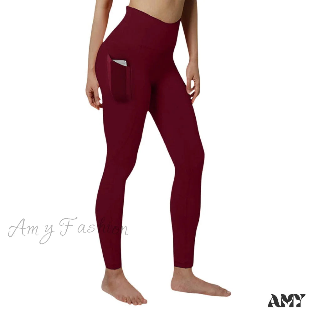 Amy Fashion - Pocket High Waist Push Up Sports Leggings Wine Red / S