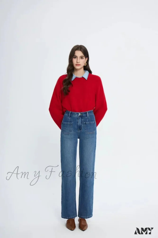 Amy Fashion - Pockets Women Temperament High Waist Straight Denim Pant Females Vintage Simple