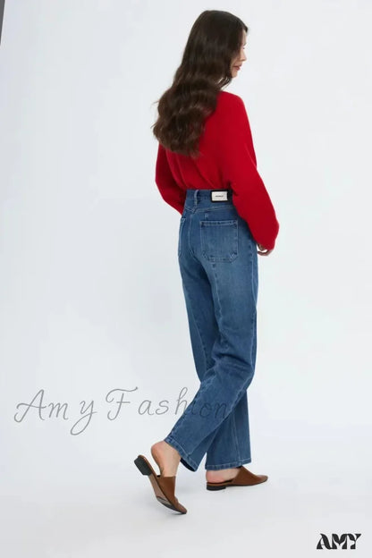 Amy Fashion - Pockets Women Temperament High Waist Straight Denim Pant Females Vintage Simple