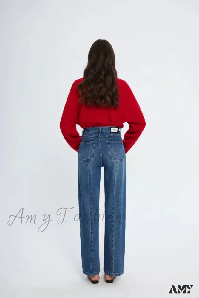 Amy Fashion - Pockets Women Temperament High Waist Straight Denim Pant Females Vintage Simple