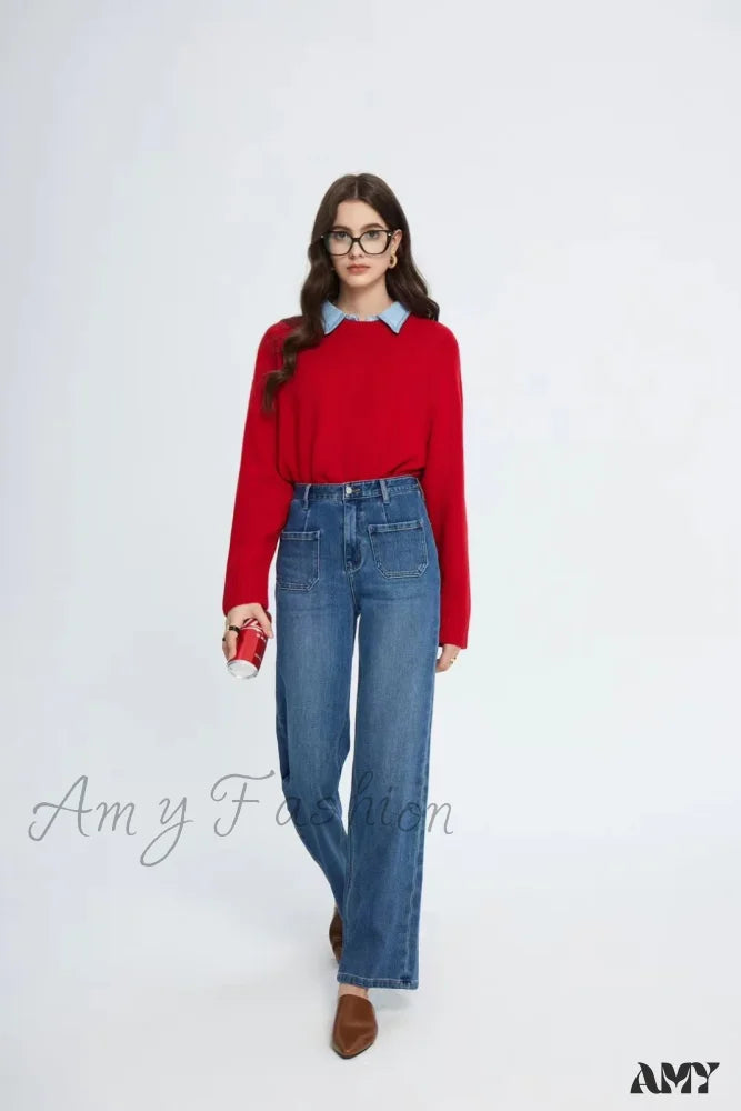 Amy Fashion - Pockets Women Temperament High Waist Straight Denim Pant Females Vintage Simple