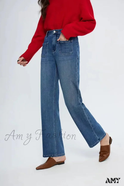 Amy Fashion - Pockets Women Temperament High Waist Straight Denim Pant Females Vintage Simple