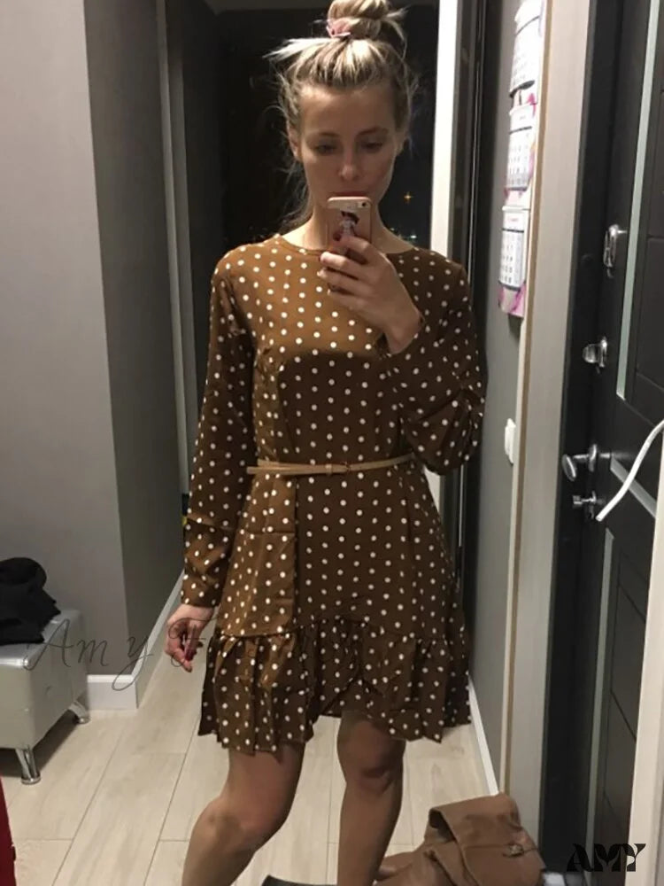 Amy Fashion - Polka Dot Chiffon Long Sleeve O Neck Ruffle Dress