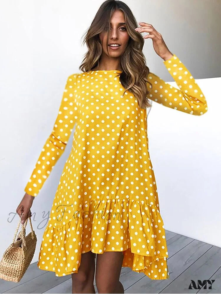 Amy Fashion - Polka Dot Chiffon Long Sleeve O Neck Ruffle Dress