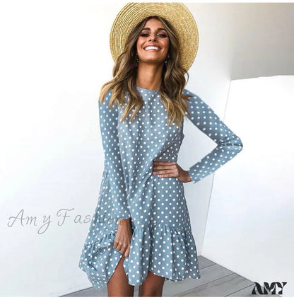 Amy Fashion - Polka Dot Chiffon Long Sleeve O Neck Ruffle Dress