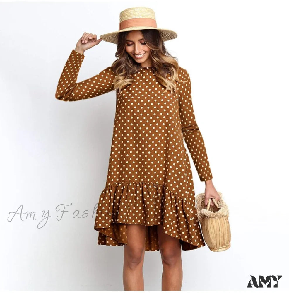 Amy Fashion - Polka Dot Chiffon Long Sleeve O Neck Ruffle Dress Auburn / Xxl