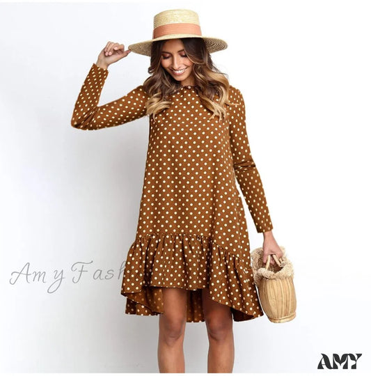 Amy Fashion - Polka Dot Chiffon Long Sleeve O Neck Ruffle Dress Auburn / Xxl