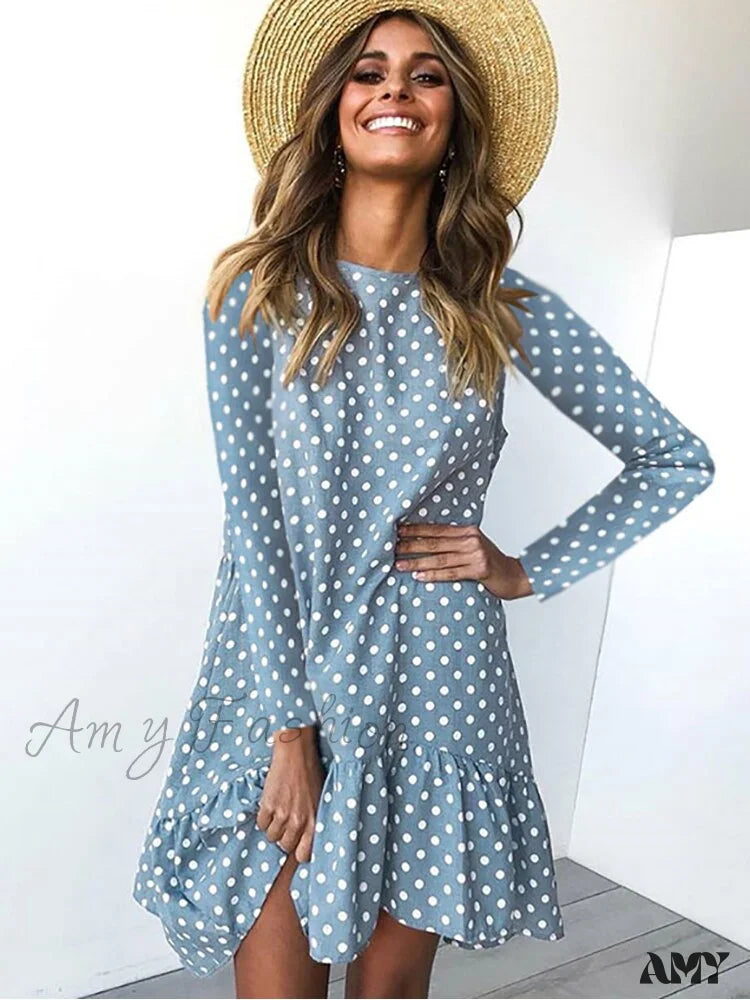 Amy Fashion - Polka Dot Chiffon Long Sleeve O Neck Ruffle Dress Blue / Xxl