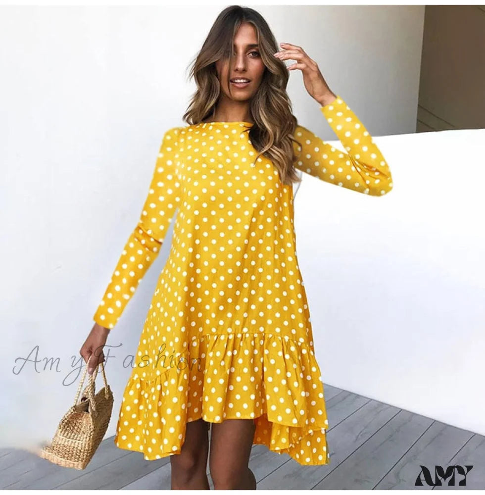 Amy Fashion - Polka Dot Chiffon Long Sleeve O Neck Ruffle Dress Yellow / Xxl