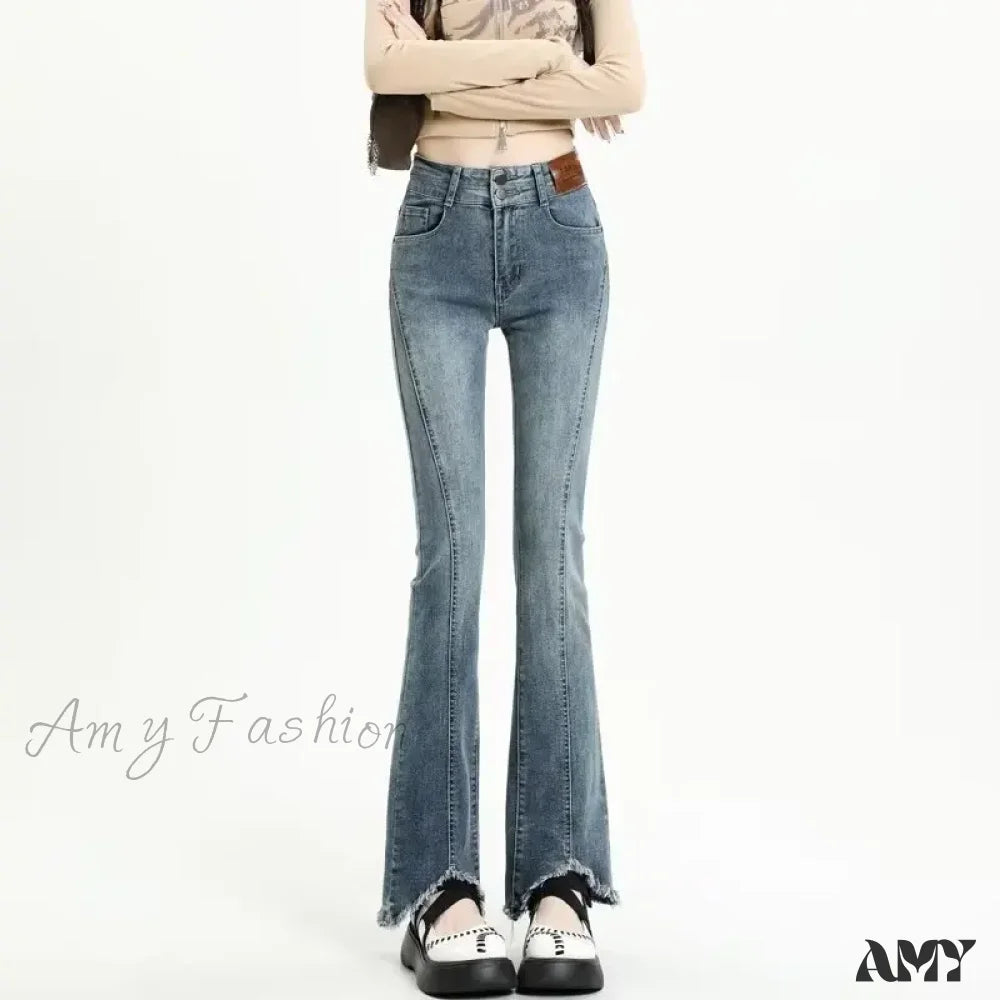 Amy Fashion - Popular High Waist Simple Lazy Trend Micro Raglan Japanese Genjuku Jean Blue / Xs