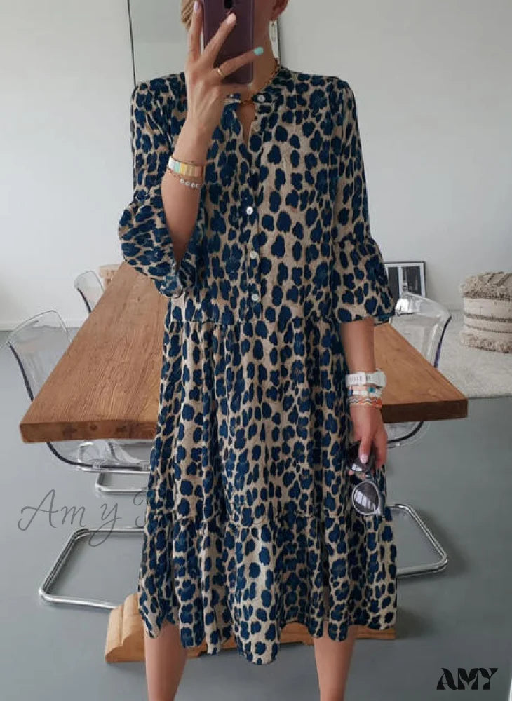 Amy Fashion - Print Mid-Sleeve Long Temperament All-Match Dress Blue / S Dresses