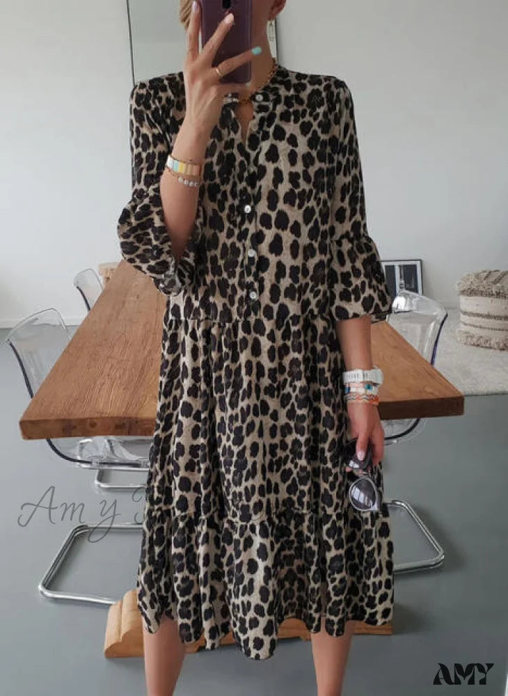 Amy Fashion - Print Mid-Sleeve Long Temperament All-Match Dress Brown / S Dresses